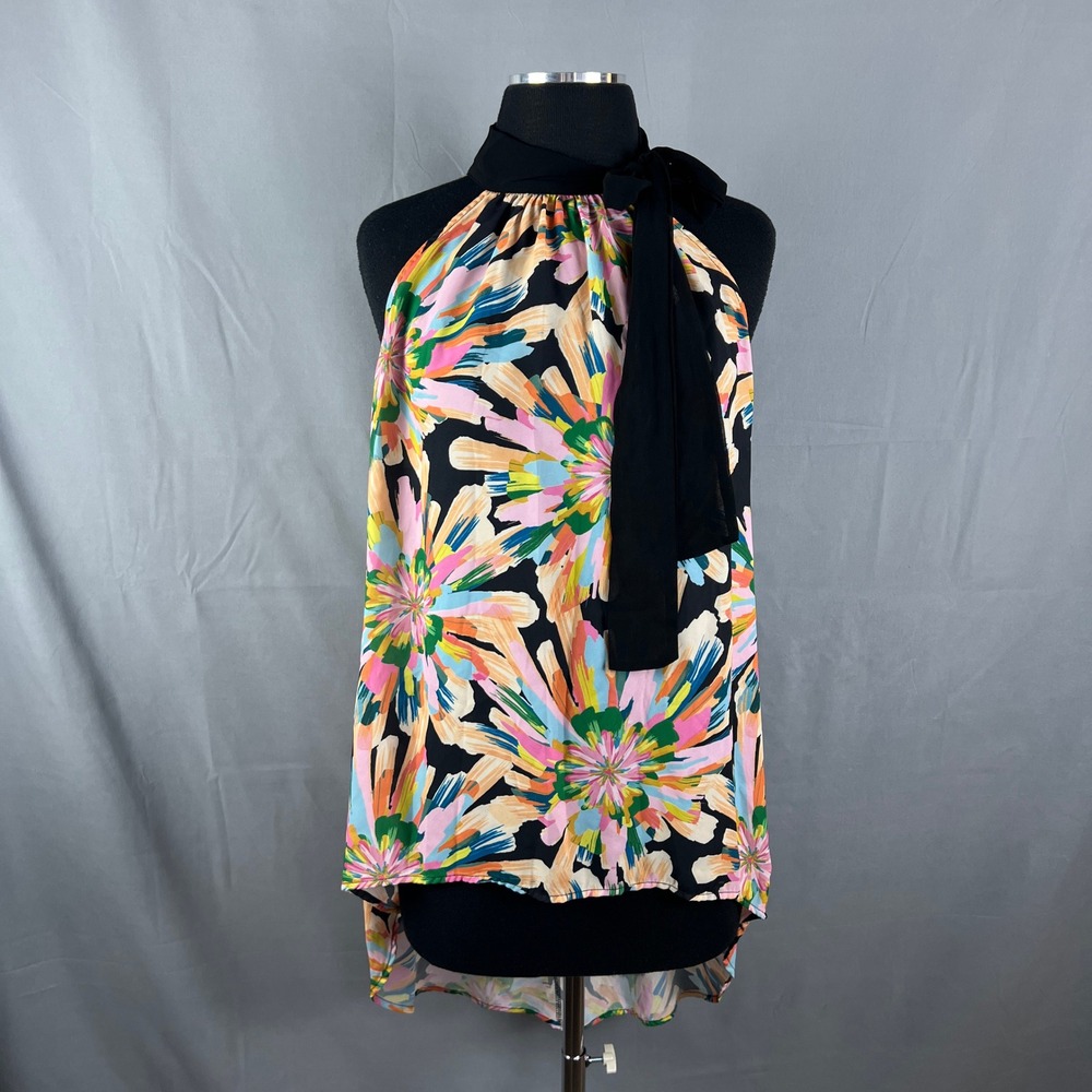 Sweet Pea By Stacy Frati Tunic Top Women L Multi Floral High Low Hem Halter Neck